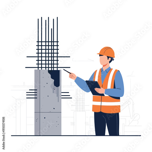 Professional construction supervisor conducting a thorough quality inspection of a concrete structure and rebar on a modern building site, ensuring project standards and safety compliance
