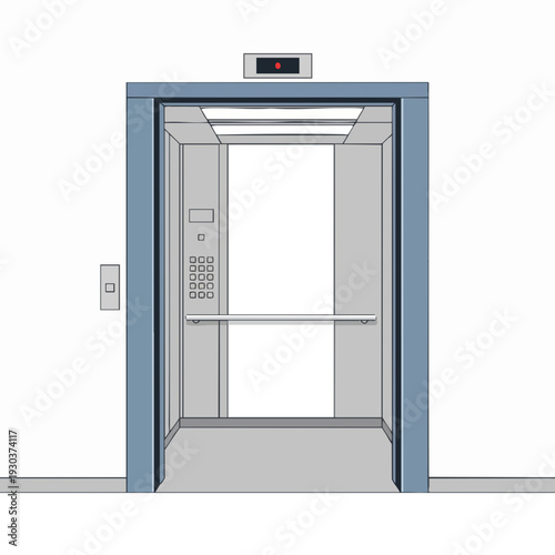 Open elevator with closed doors in hallway of building; Illustration of metal lift for access to higher floors in office.