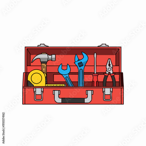Open red toolbox filled with hand tools illustration: hammer tape measure wrenches screwdriver pliers for maintenance and repair projects
