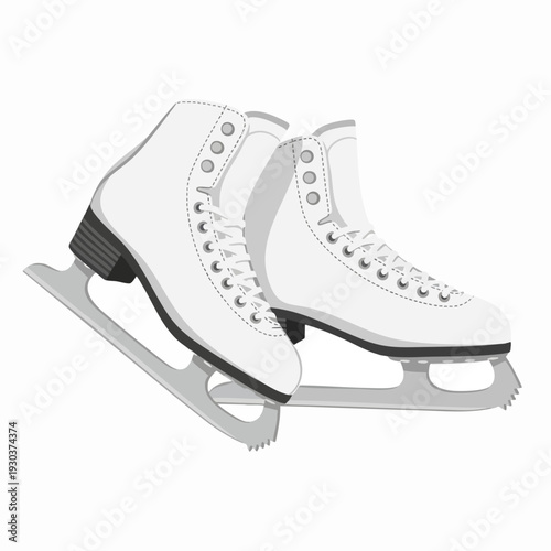 Pair of white figure ice skates with silver blades ready for winter sports and figure skating performance on ice rink vector illustration