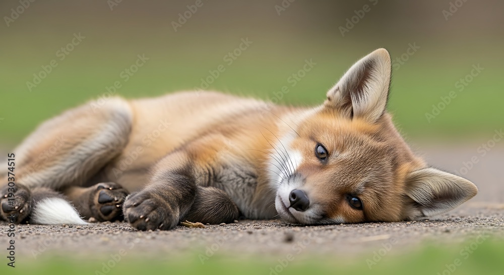 Fototapeta premium Red Fox Resting on the Ground.