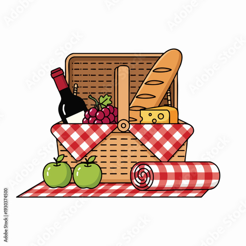 Picnic basket filled with wine cheese baguette and grapes topped with a red checkered cloth cartoon style idyllic food illustration