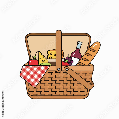 Picnic basket with wine bottle cheese fruit and baguette bread illustration vintage style drawing for summer picnic design and food concept