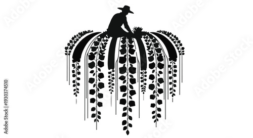 Silhouette of a gardener tending to a bountiful harvest of cascading plants