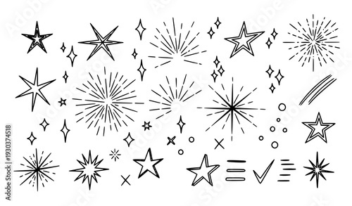 Hand drawn doodle stars and sparkle bursts monochrome scrapbook vector set