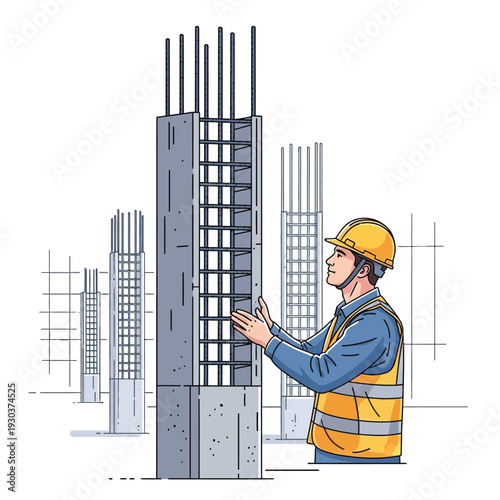 Construction worker in yellow vest and helmet inspecting rebar cage on concrete column at building site