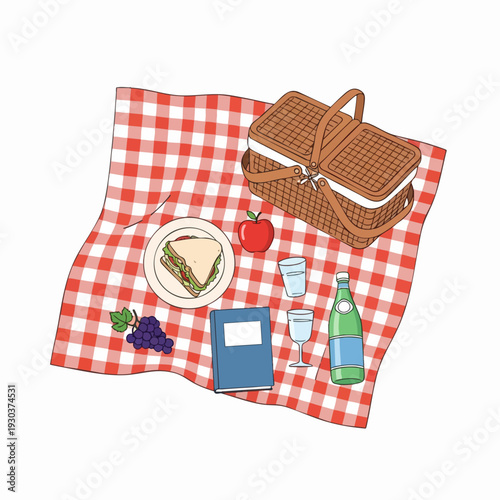 Picnic blanket with basket sandwich book bottle grapes apple and glasses red and white checkered pattern leisure time illustration
