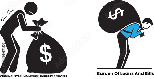 Vector illustration of criminal stealing money, robbery concept and burden of financial debt