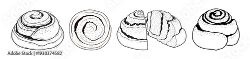 Cinnamon buns. Outline drawing of sweet pastries. A selection of Scandinavian, Austrian, and German pastries, shown from different angles and sliced. Outline drawing.