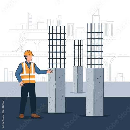 Construction worker overseeing the building of concrete pillars with reinforcing steel bars, with a city skyline in the background, representing progress and infrastructure development