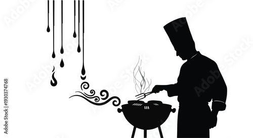 Silhouette of a chef grilling food outdoors with steam rising from the barbecue.