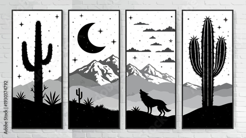 Desert landscape with cacti mountains and a howling wolf under the moon