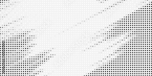 Grunge halftone gradient background. Faded grit noise texture. White and black sand wallpaper. Retro pixelated backdrop. Anime or manga style comic overlay. Vector graphic design textured template