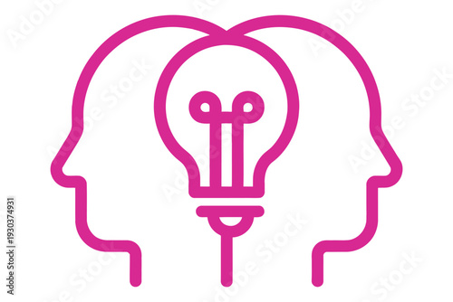 Creative thinking icon with two human profiles and light bulb symbol in magenta outline style representing brainstorming and innovation concept