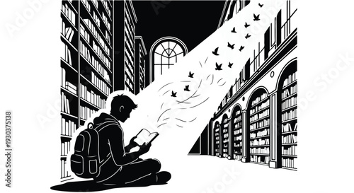 Student absorbed in book, imagination takes flight with birds soaring from pages in grand library