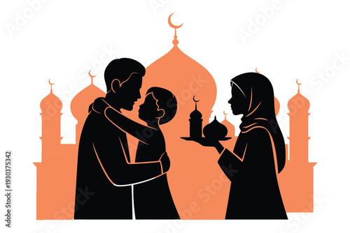 Happy Muslim family silhouette hugging and celebrating eid with mosque background orange and black design vector illustration