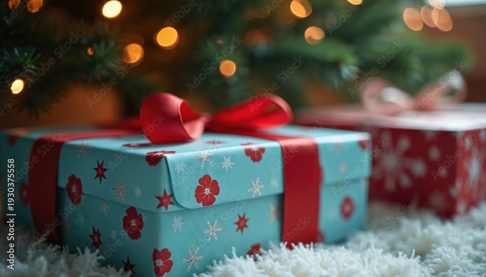 Obraz premium Blue gift box with red ribbon sits under Christmas tree with warm lights. Festive presents wrapped in decorative paper are ready for holiday celebration. Winter season joy awaits.