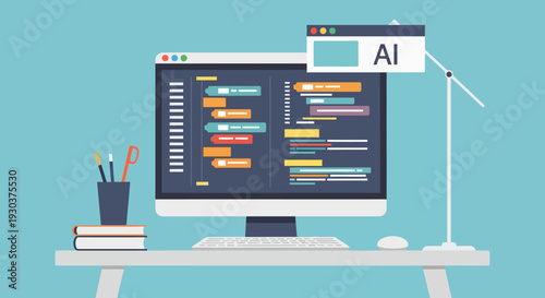 Advancing coding and programming with artificial intelligence technology, showcasing smart software development and automated solutions in a digital workspace environment
