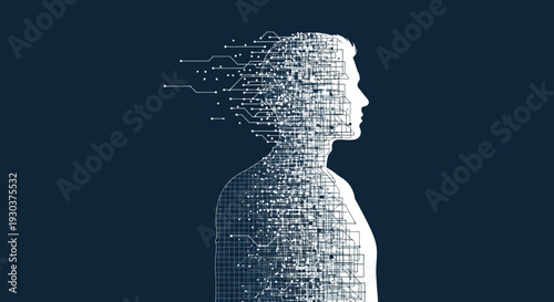 AI technology transforming the human form with digital particles representing data flow and connectivity, symbolizing the future of innovation and artificial intelligence