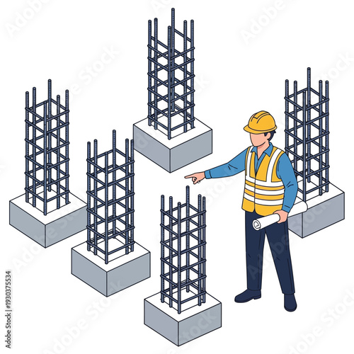 Construction worker inspecting reinforced concrete columns on a building site, demonstrating structural integrity and engineering excellence
