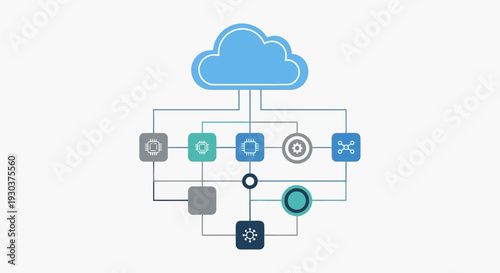 Abstract visualization of AI and cloud technology driving efficient data processing and interconnected digital systems, showcasing a modern technological infrastructure for future innovations