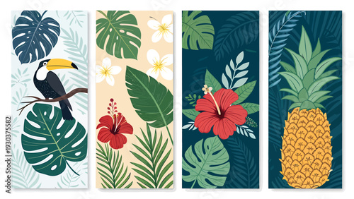 Tropical leaf patterns with toucan hibiscus and pineapple illustrations on colorful backgrounds