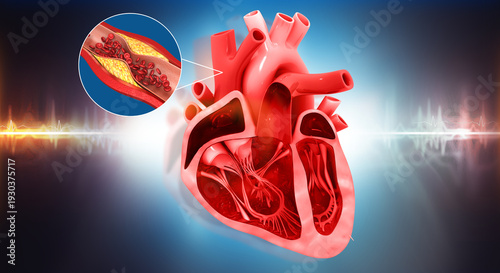 Detailed 3D medical cross-section of a human heart showing internal chambers and a severely clogged artery with cholesterol plaque buildup.