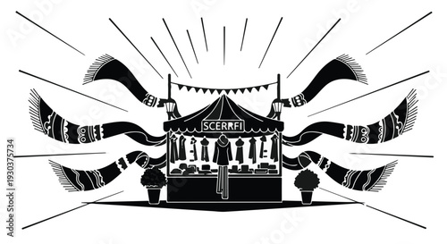 Vibrant market stall showcasing merchandise with festive decorations and radiating energy