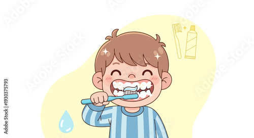 Vector illustration of a smiling child brushing teeth isolated on White Background