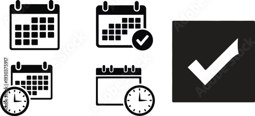 Calendar and clock icons with checkmark for organization and time management