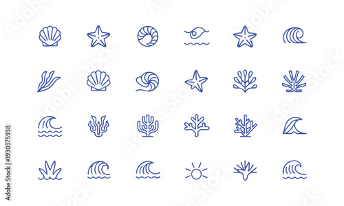 Ocean themed outline icon set with shells and coral plants vector illustration, easily editable.