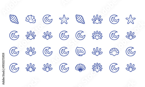 Marine shell contour icon collection isolated on white background vector illustration, easily editable.