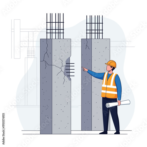 Professional engineer inspecting structural integrity of concrete pillars, identifying cracks and rebar exposure on a construction site, depicted in a detailed flat illustration