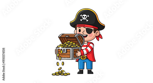 Cartoon pirate with treasure chest vector isolated on White Background