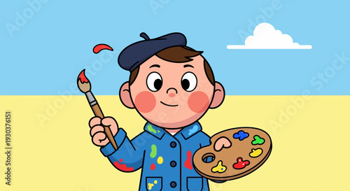 Vector illustration of a smiling painter with paintbrush and palette isolated on White Background