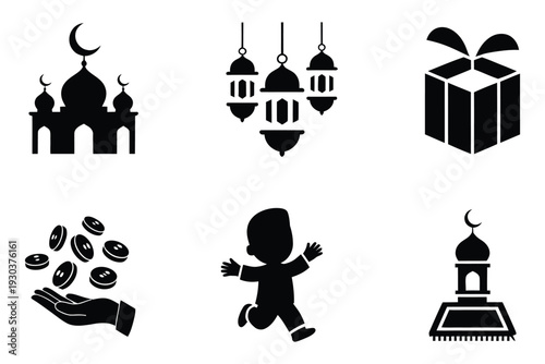 Islamic flat icons set featuring mosque lantern gift box charity hand giving coins and boy character for ramadan and eid al fitr celebration