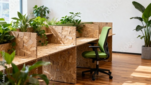 Cardboard office cubicles with green plants