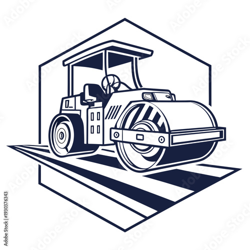 A blue and white image of a road roller