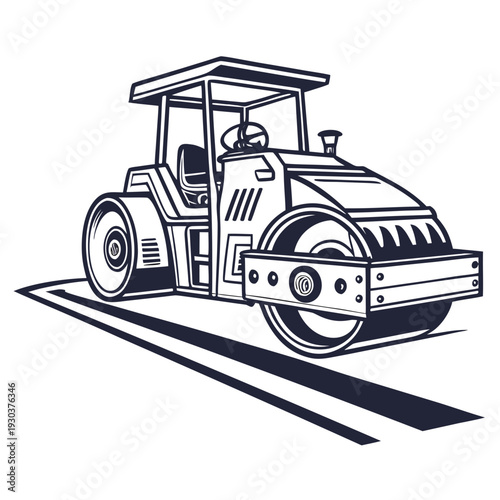 A black and white drawing of a road roller