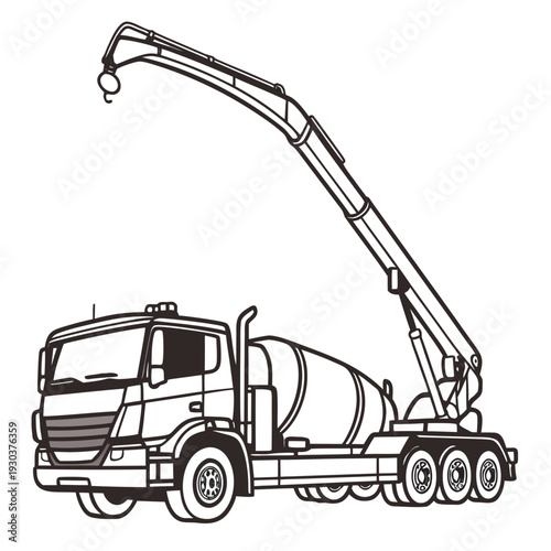 A black and white drawing of a cement truck
