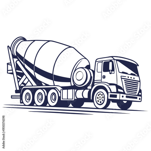 A blue and white drawing of a cement truck