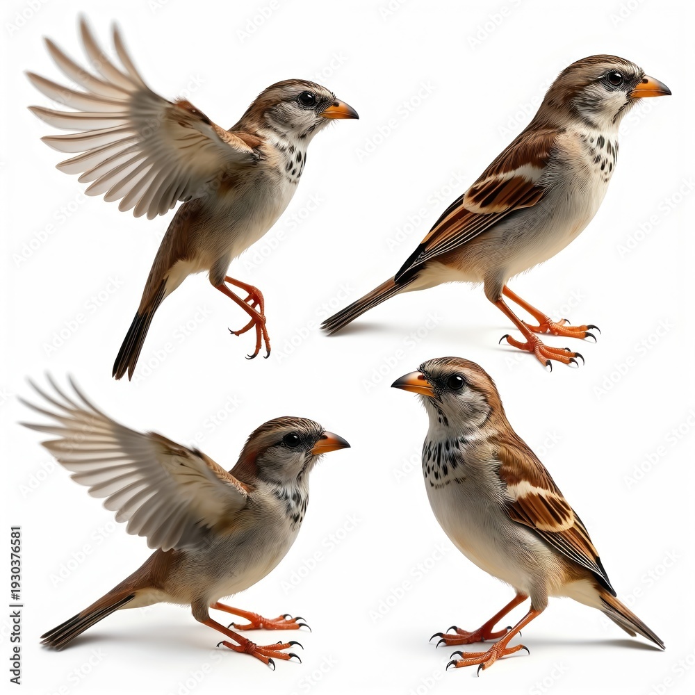 Fototapeta premium Four sparrows shown in different poses on a white background. One bird is in flight with wings spread wide. Two birds stand alert. Another poses with wings slightly open.