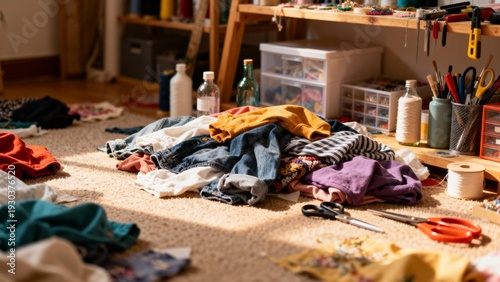 Clothes and sewing supplies on floor