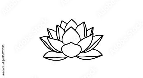 Elegant black line art lotus flower icon. Simple outline drawing symbolizing purity, spirituality, and mindfulness on a white background.