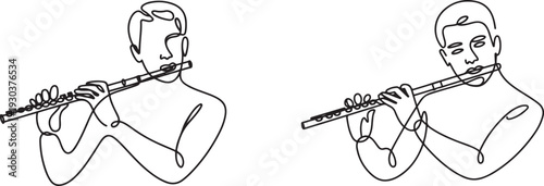 continuous line drawing of male musician playing flute.one line drawing of man orchestra flute player.one line vector icon with out background