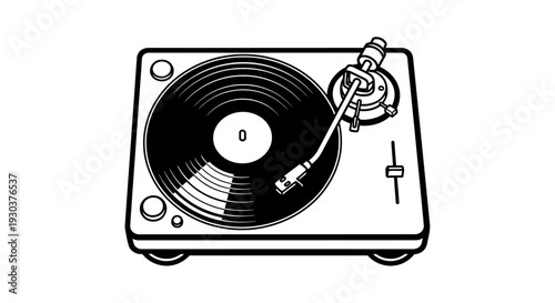 Retro black and white line art illustration of a classic turntable with a spinning vinyl record, vintage music player icon