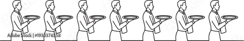 continuous line of waiters carrying trays. single line of restaurant waiters carrying empty trays. male waiters carrying empty.one line vector icon with out background