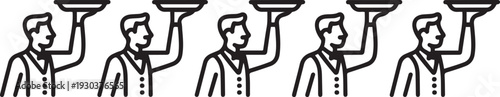 continuous line of waiters carrying trays. single line of restaurant waiters carrying empty trays. male waiters carrying empty.one line vector icon with out background