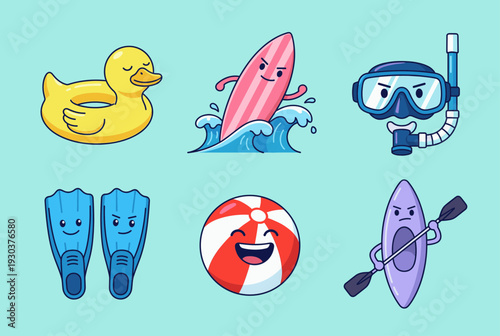 Summer Beach and Water Activity Equipment Sticker Collection Featuring Duck Float Surfboard Goggles Fins Beach Ball and Kayak Characters