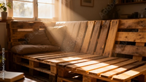 Wooden pallet sofa in sunlit room